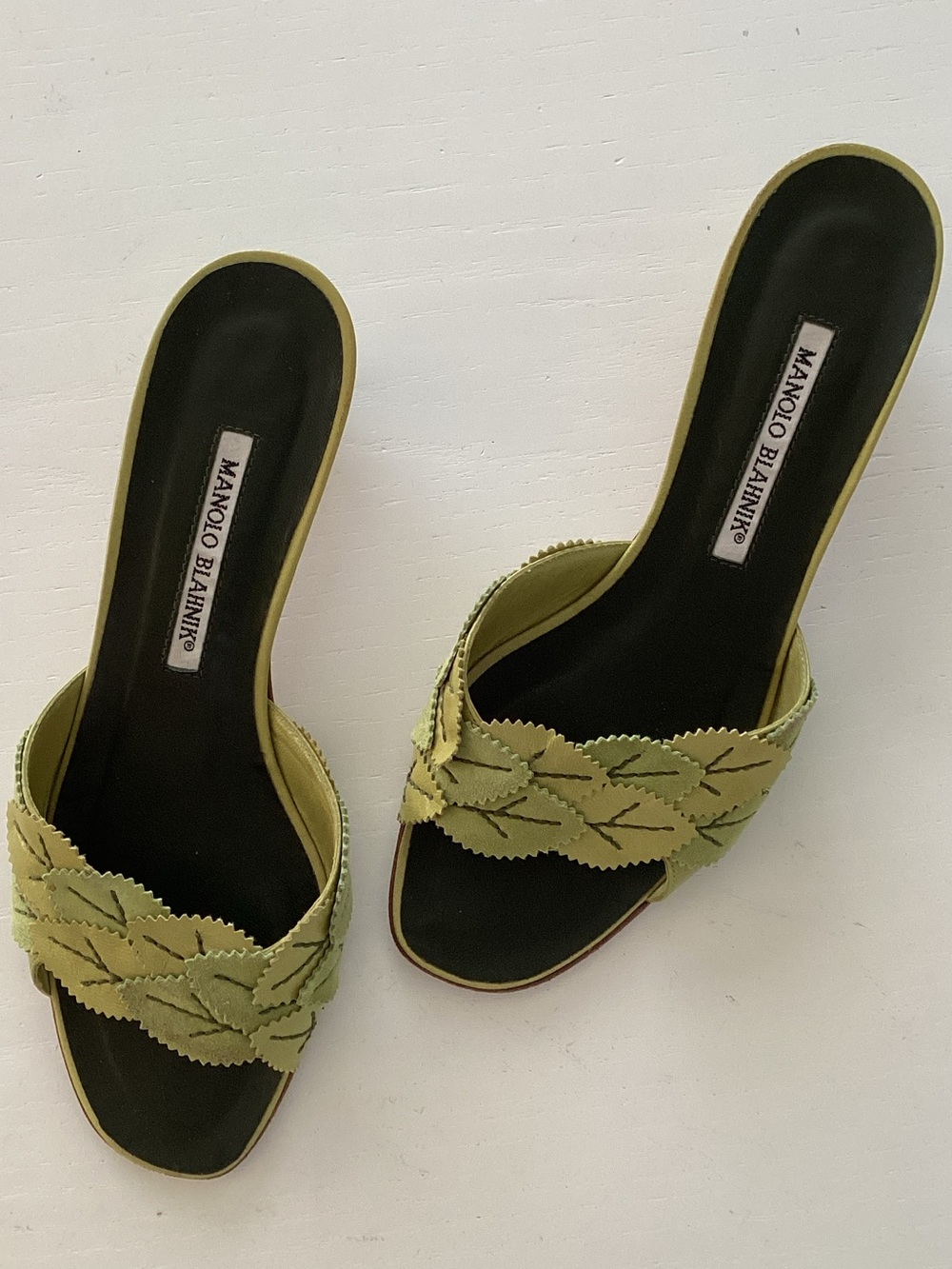 Manolo Blahnik Olive Green Leaf-Appliqué Slide Sandals